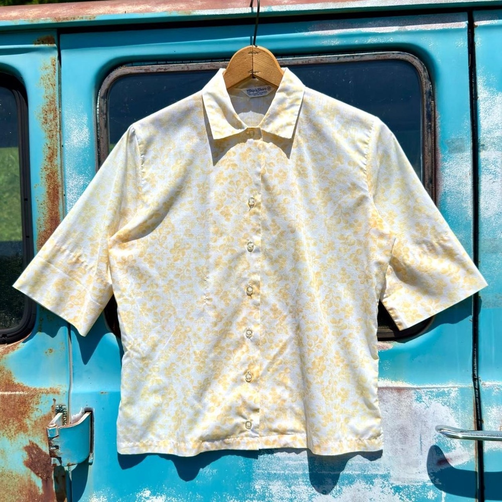 60s ship’n shore paper thin cotton yellow floral short sleeve button up shirt